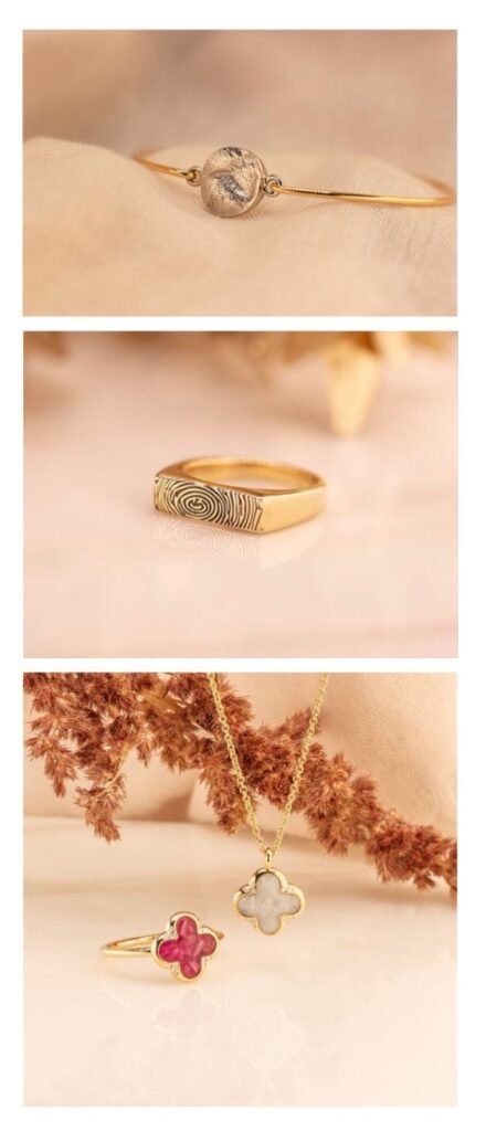 Collage van seeyou sieraden. In de sieraden kan as en een vingerafdruk worden verwerkt. En is verkrijgbaar bij Juwelier Ed Ydo